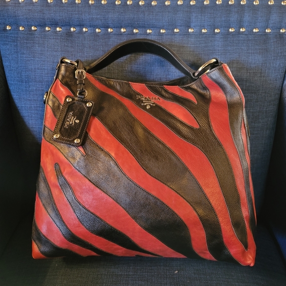 Prada Bags Prada Glace Calf Skin Zebra Striped Hobo Shoulder Bag